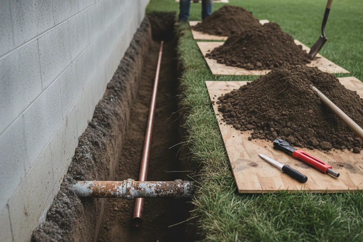 Excavated water line trench during Water Heater Repair in Topmost
